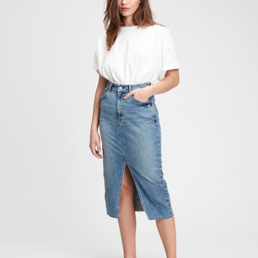 Denim midi pencil skirt with front slit